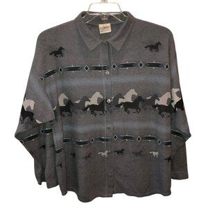 Vintage Artisans Womens 2X Gray Aztec Horse Ponies Long Sleeve Button Up Shirt
